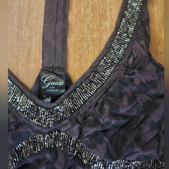 Guess Black Leopard Print Tank Top Halter Top With Silver Beads Size Small Women - Picture 2 of 5